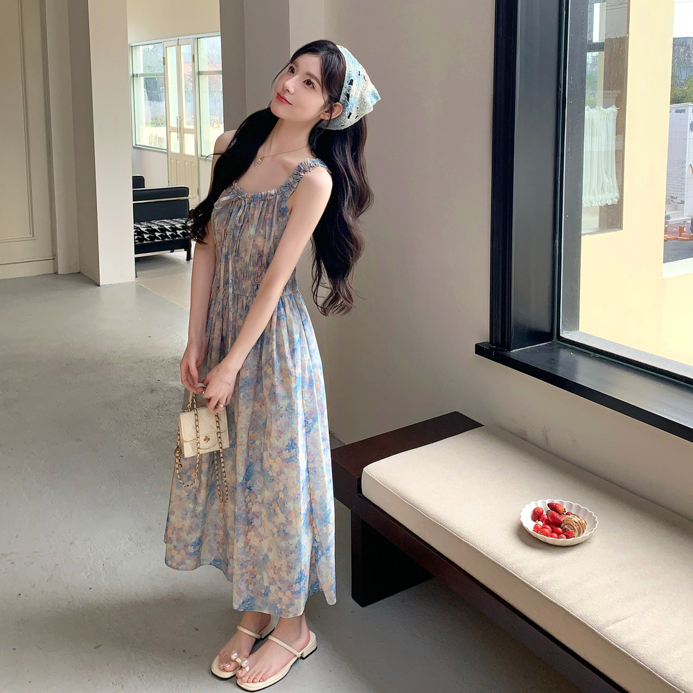 法式气质油画印花吊带裙连衣裙套装女夏2025新款独特漂亮绝美长裙,女装连衣裙,慧峰