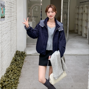 韩系复古蓝色连帽棉服外套女冬季2025新款小个子气质超火棉衣棉袄图片