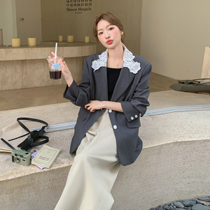 灰色通勤短款西服上衣女春秋季超火好看高级小众休闲职业西装外套图片