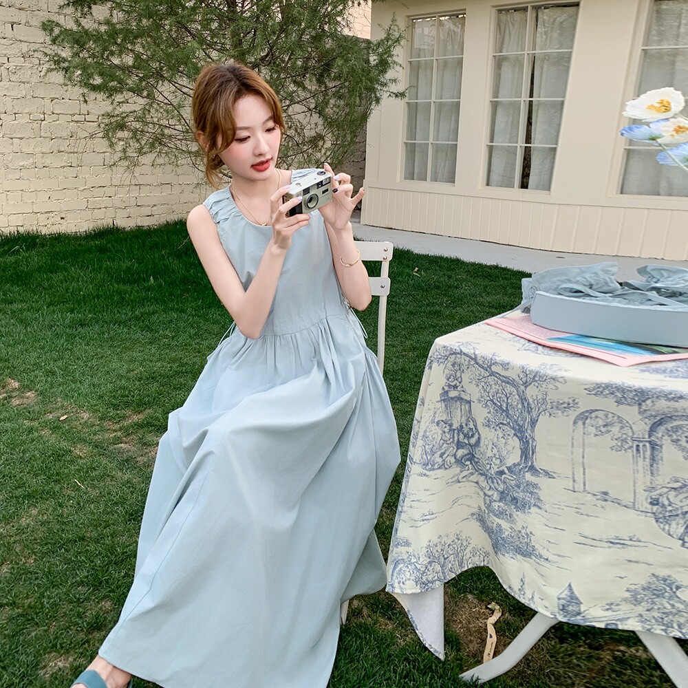 蓝色无袖背心连衣裙女2025夏季新款法式温柔风宽松减龄设计感长裙,女装连衣裙,慧峰