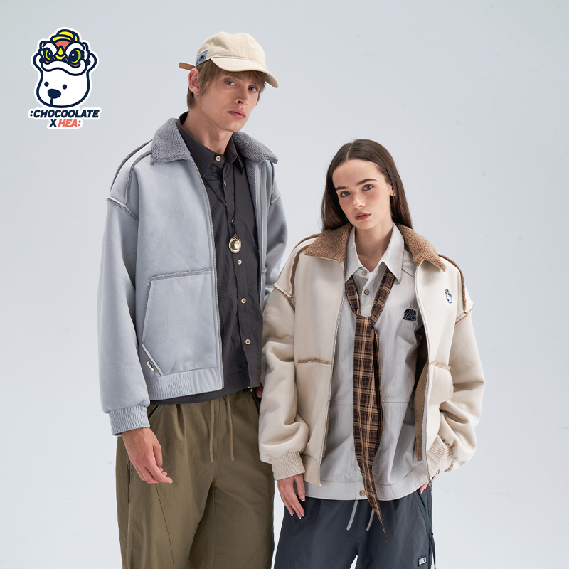 国潮保暖夹克男女宽松绒毛外套