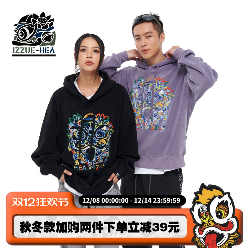 潮牌醒狮狮头连帽长袖卫衣情侣装