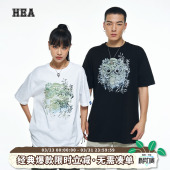 男女同款 T恤夏季 醒狮印花宽松纯棉上衣 国潮涂鸦竹林狮头短袖 HEA