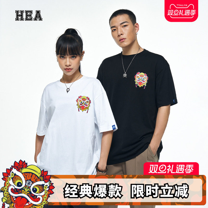 国潮醒狮狮头纯棉短袖T恤