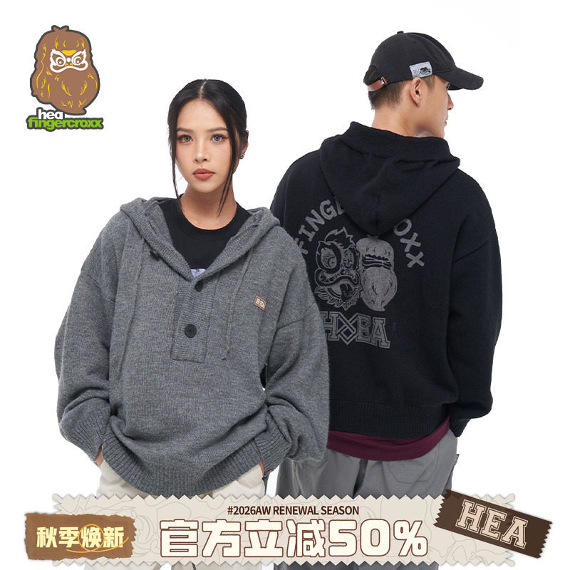 潮牌半开领连帽毛衣男女高级感