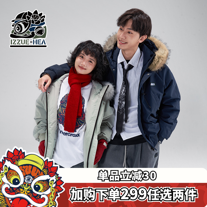 国潮大毛领连帽棉衣外套情侣款