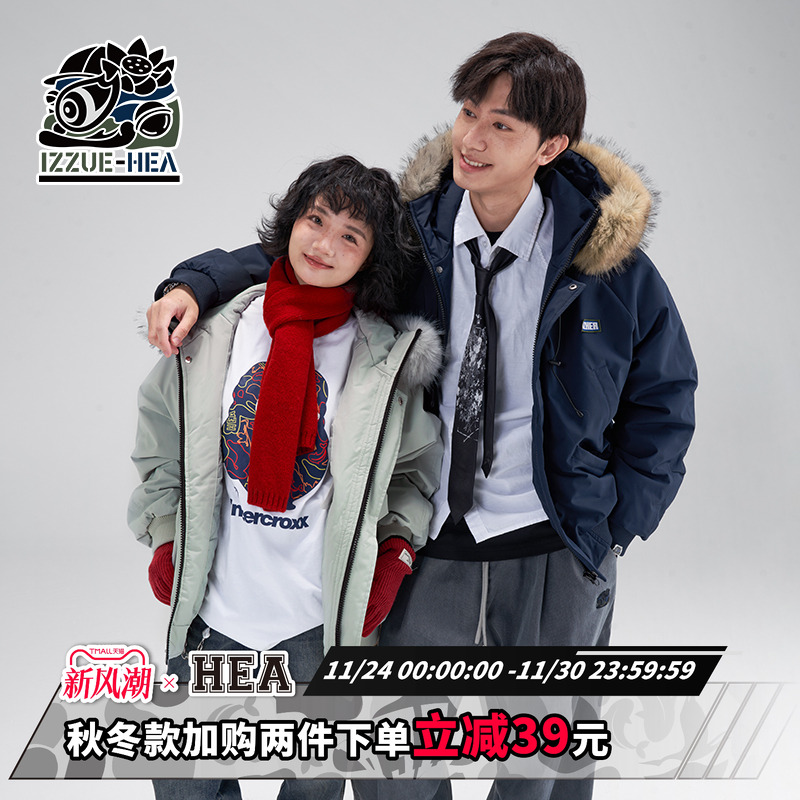 国潮大毛领连帽棉衣外套情侣款