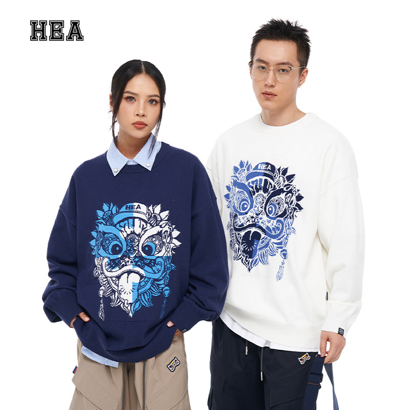 HEA毛衣男女秋冬新款经典拼图大狮头保暖复古套头针织毛衣情侣装