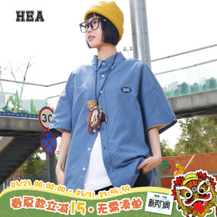 复古休闲棉感翻领叠穿百搭男女同款 HEA 衬衫 国潮竖条纹短袖 经典