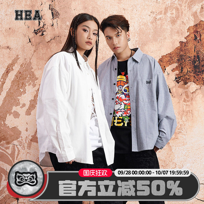 HEA潮牌醒狮简约修身老钱风刺绣狮头衬衫外套两穿百搭男女同款图片