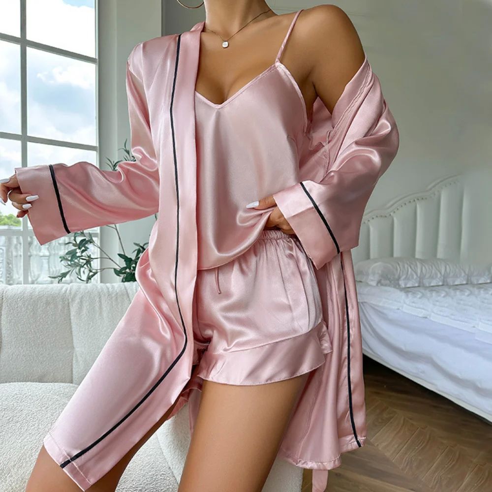 Women'S Satin Pajama Set Long Sleeve Belted Robe V Neck Cami