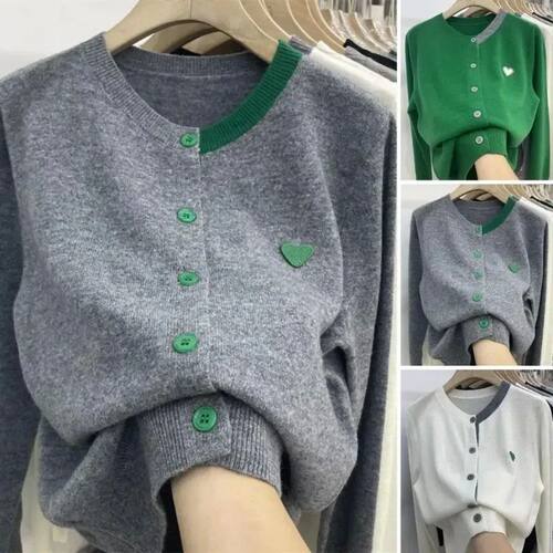 Women Fall Winter Knit Cardigan Single-breasted Round Neck C