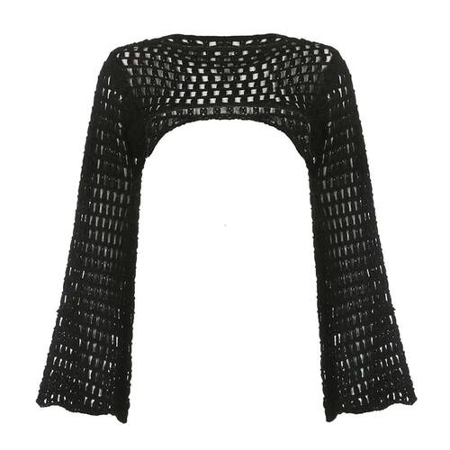 Women Y2k Crochet Knit Hollow Out Crop Top Long Flared Sleev