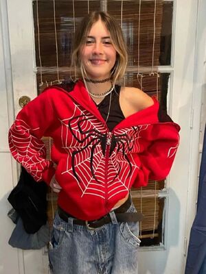 Y2k Emo Women Streetwear Hoodie Spider Web Red Zip Up Hoodie