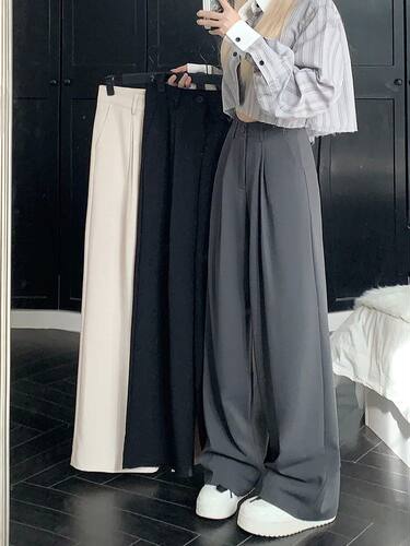 Grey Suit Pants Women's High Waisted Loose Fitting Wide Leg