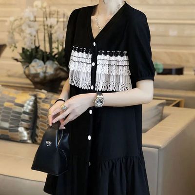 2023 Casual V-Neck Lace Patchwork Mini Dress Summer Short Sl