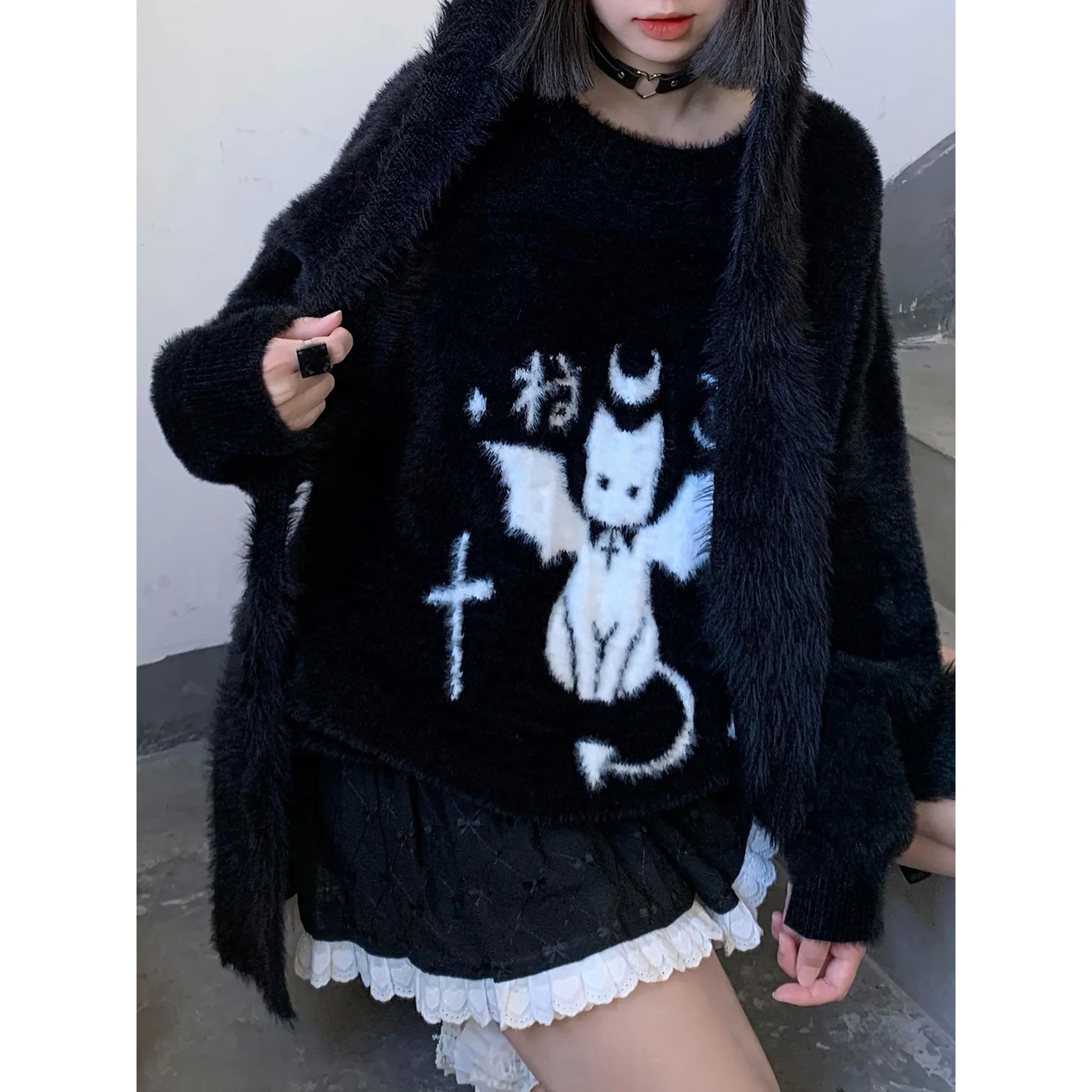 Women's Y2K Devil Jacquard Pullover Knit Sweater for Winter