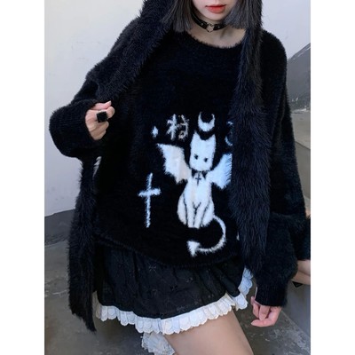 Women's Y2K Devil Jacquard Pullover Knit Sweater for Winter
