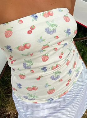 2024 New Women Cutecore Fruit Print Tube Top Y2k Strapless B