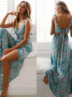 Women Sexy Backless Dress 2019 Summer Bohemian Floral Print