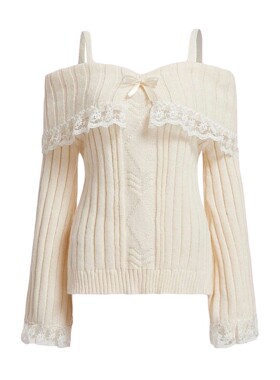 Women's Cold Shoulder Sweaters Long Sleeve Contrast Lace Kni