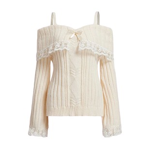 Kni Sleeve Cold Shoulder Women Contrast Long Sweaters Lace