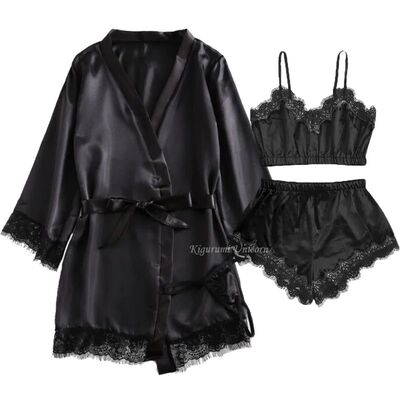 Black Sexy Women's Pajamas Satin 4-piece Lace Silk Suspender