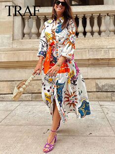 Women Summer New Bohemian Long Dresses Print Lace-Up Single