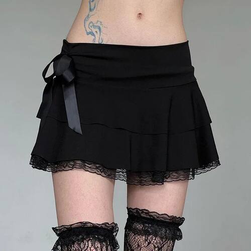 Dark Academia Lace A-line Mini Skirt Black Low Waisted Bow S