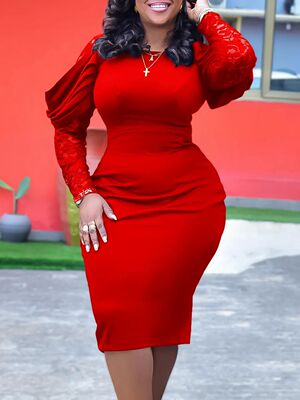 Plus Size New Fashion And Temperament Round Neck Lace Patchw