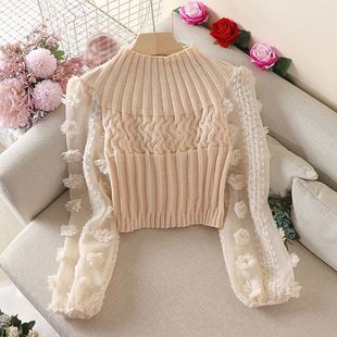 Women's Tight Sweater T-shirt Puff Sleeve Mesh Stitching Cre