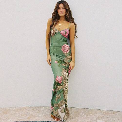 Sleeveless Print Suspender dress women Fashion Vneck slim lo