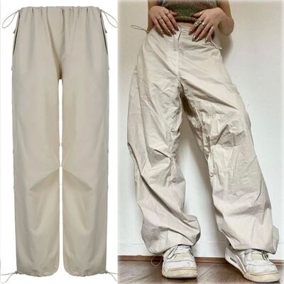 Drawstring Y2K Cargo Pants Wide Leg Baggy Trouser Solid Colo