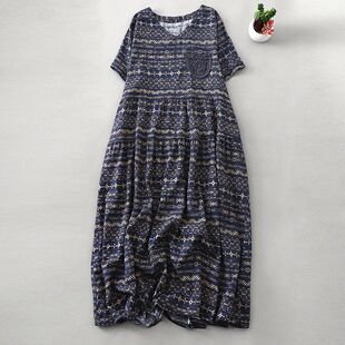 sleeved and Sum dress 2024 Linen Women Short Cotton neck