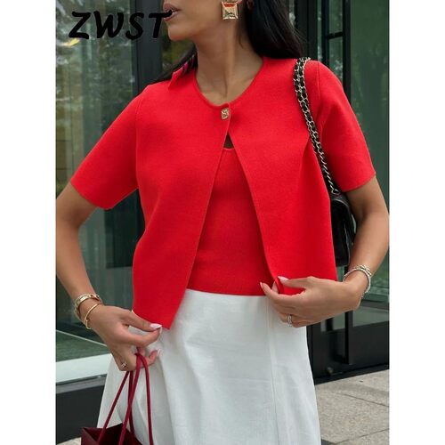 Knitted One Button Cardigans Women Elegant Red Short Sleeve