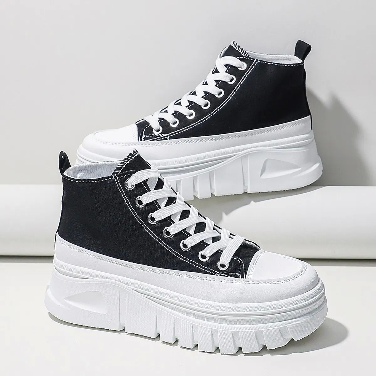 Women Lace-Up Front High Top Flatform Canvas Shoes Fashion C