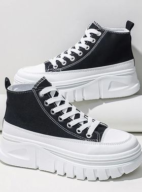 Women Lace-Up Front High Top Flatform Canvas Shoes Fashion C