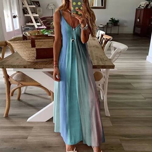 Women'S Plus Size Long Dress Loose Stripe Sleeveless V-Colla