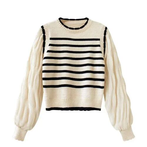 women Black and white striped fake two-piece knitted sweater