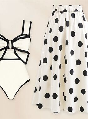 2024 Black White Retro One Piece Swimsuit Women Bow Tie Swim