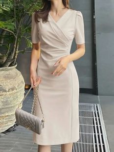 Elegant Short Women Sleeve Work Summer Dress Slim Neck