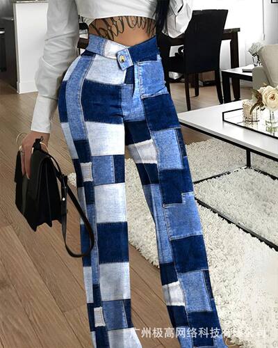 Denim Look Print Overlap Waist Work Pants Women Summer Sprin