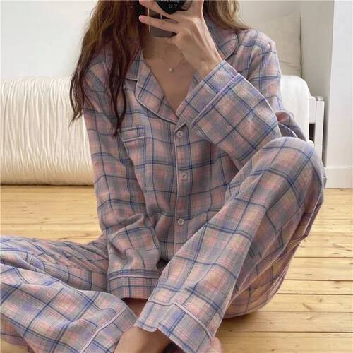 Women's Pajama Set Spring Summer 2 Piece Purple Plaid Pyjama