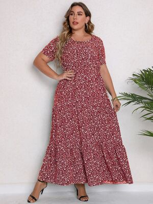 Elegant Plus Size Dresses Women Fashion O-Neck Casual Ladies