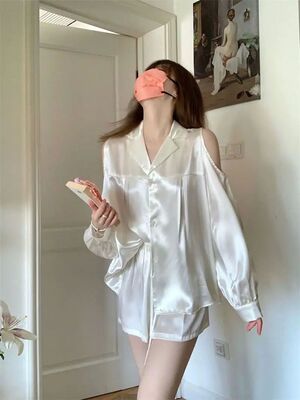 Female Sweet Satin Lace Pajamas Sets Women Long Sleeves Shor