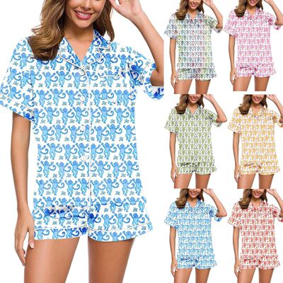 Women Pajama Set 2 Piece Set Cartoon Print Short Sleeve Butt