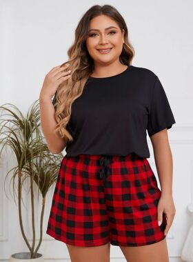 Plus Size Women's Pajama Set Solid Short Sleeve Top & Plaid