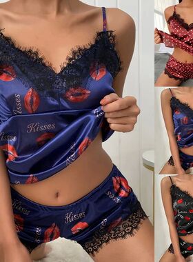Summer Women Sexy Pajamas Set Satin Silk Lace Cami Vest Home