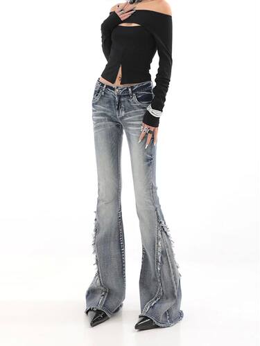 Fashion Blue Denim Pants Women High Street Slim Bell Bottoms
