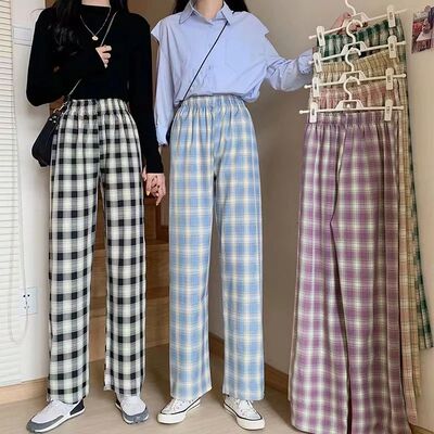 Women Plaid Thin Pants Summer Wide Leg Straight Pant Korean